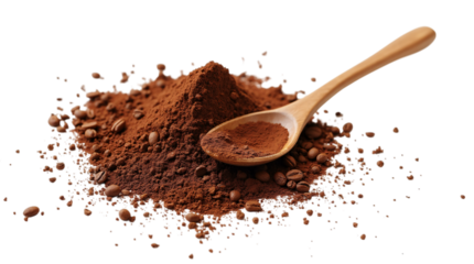 Coffee Powder with Wooden Spoon Isolated on Transparent Background (PNG).