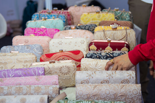 The Chikankari Lucknowi Clutch Bag, Elegant White and Gold Floral Chikan Clutch With Intricate Embroidery, Textured Surface