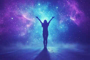 Fototapeta premium A silhouette of a woman stands against a vibrant cosmic backdrop, with her arms raised, embracing the universe in a moment of wonder.