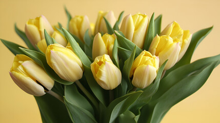 Obraz premium yellow flower with green leaves big Dutch tulips in closeup over yellow background , beautiful yellow tulips on yellow background , Tulips, detail of bunch