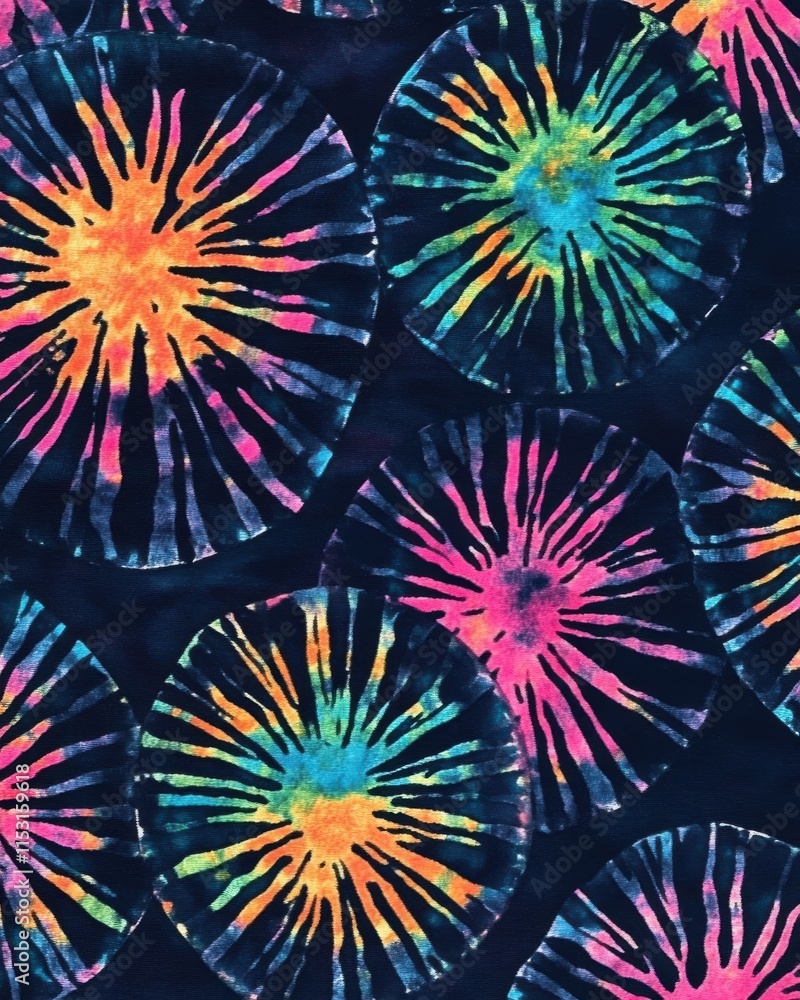 Poster vibrant abstract design featuring colorful circular patterns on a dark background.