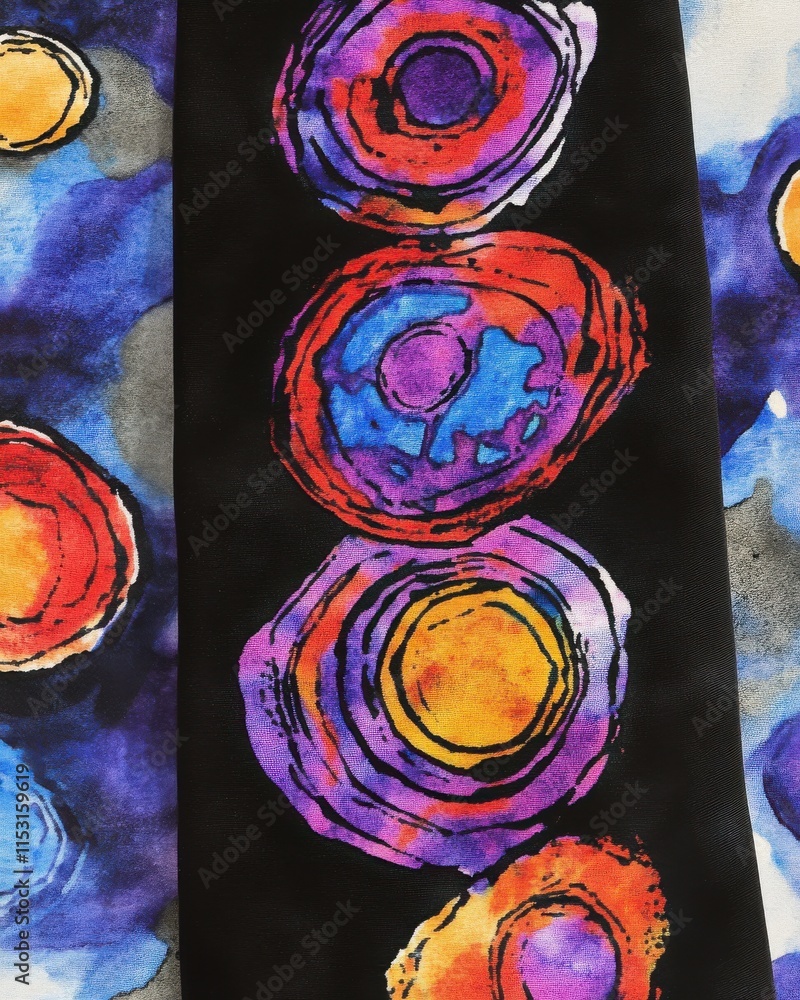 Poster vibrant abstract design with colorful circles on a black background, creating a striking visual cont