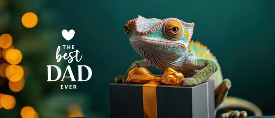 Adorable Chameleon with Gift Celebrates the Best Dad Ever for Fathers Day