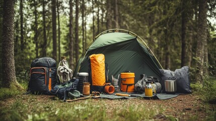 A serene camping setup nestled in a quiet forest, Tidy camping gear organized neatly, Rustic outdoor style