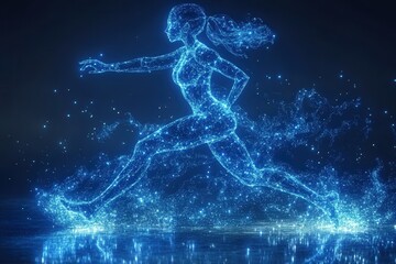 Fototapeta premium A dynamic female figure made of glowing particles, running energetically across a digital landscape, showcasing an ethereal blue light effect.