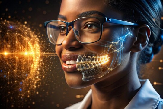 New digital artificial intelligence technologies in dental prosthetics. Implants. A black female dentist with a perfect smile and digital dental graphics on a virtual screen.