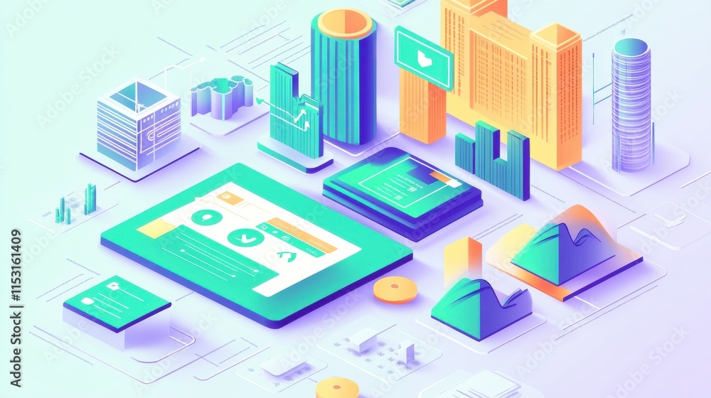 Poster dynamic digital landscape showcasing modern urban architecture with vibrant colors and advanced tech