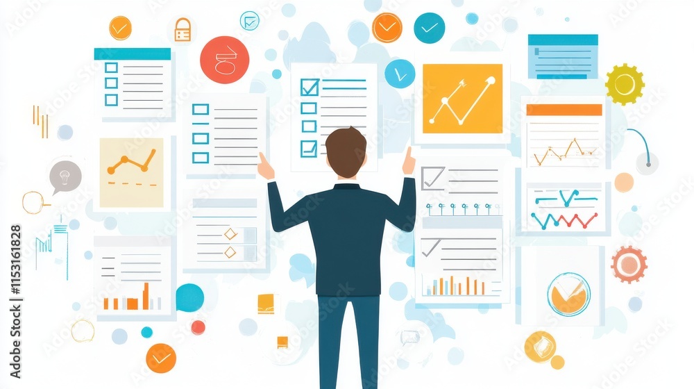 Aufkleber a professional man analyzing data and charts within a vibrant digital workspace.