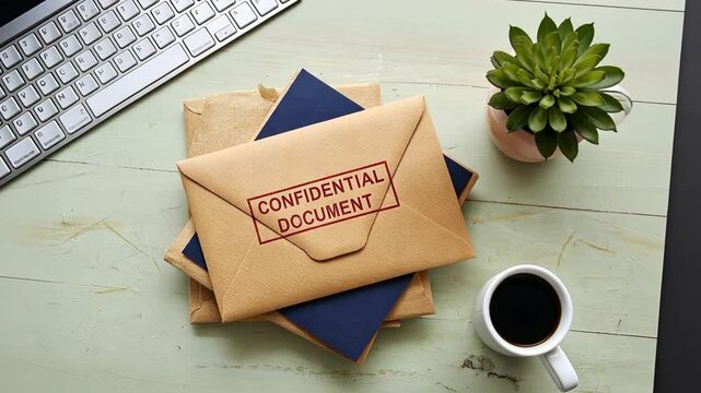 Top-down shot of brown envelope A4 size stamped 'Confidential Document' in red color on a wooden table with a plain background
