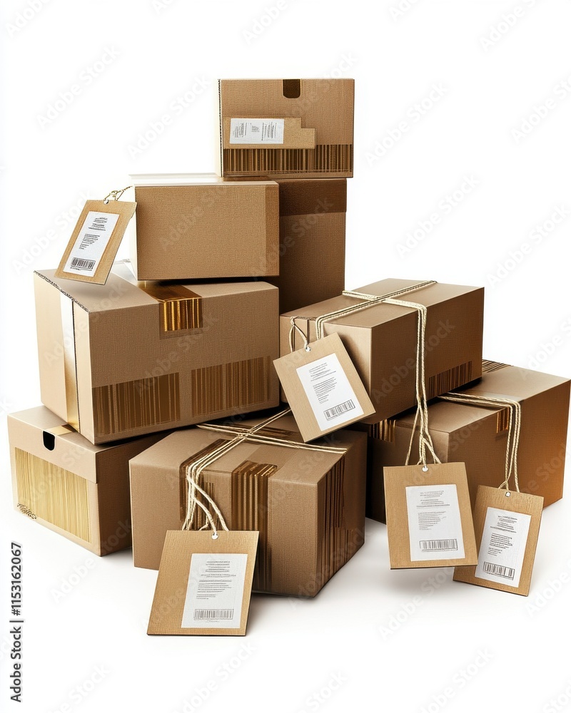 Poster a stack of assorted cardboard boxes with shipping labels, ready for delivery or storage.