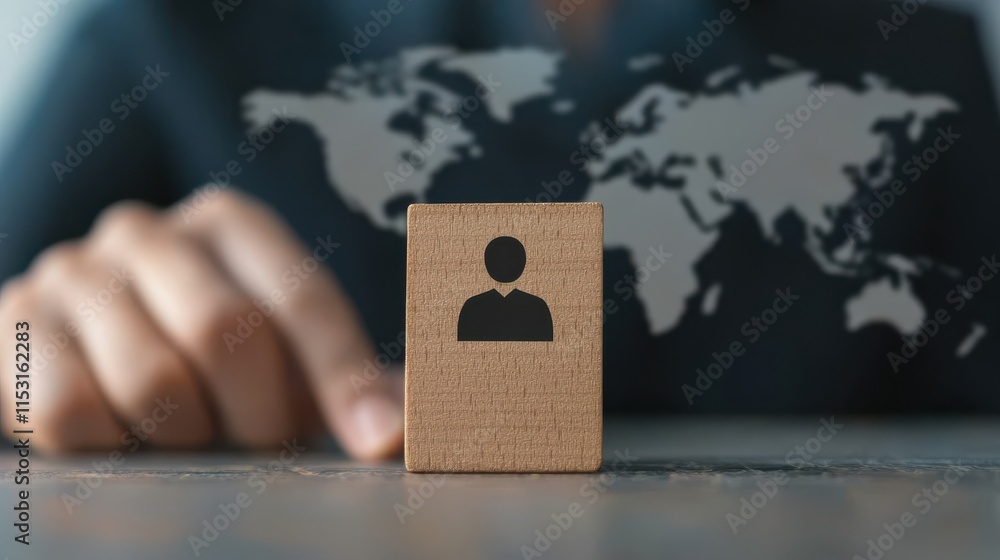 Poster hand places wooden block with person icon on table, symbolizing global connections. blurred world ma