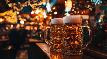 Two Mugs of Beer at a Festive German Christmas Market