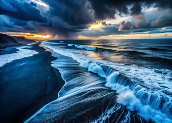 Iceland Black Sand Beach Aerial: Dramatic Waves Crashing at Night