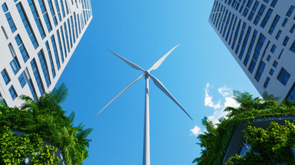 Sustainable city energy develop concept. Wind turbine between modern buildings under a blue sky.