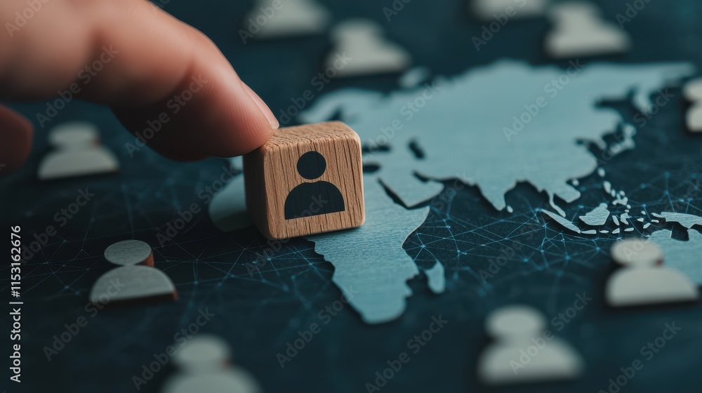 Poster hand places wooden block with person icon on world map, symbolizing global connections and networkin