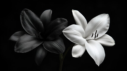 Fototapeta premium white and black lotus on black background , macro close up of a white and black flower , black and white peonies in blossom , Art Photo of Black and White on a Black Background 