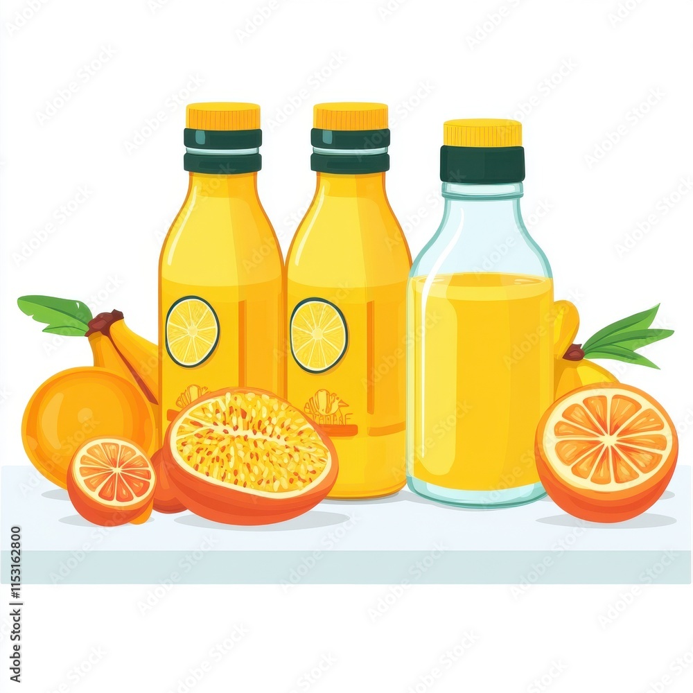 Poster a vibrant display of citrus fruits and refreshing juice bottles featuring oranges and pears in a che
