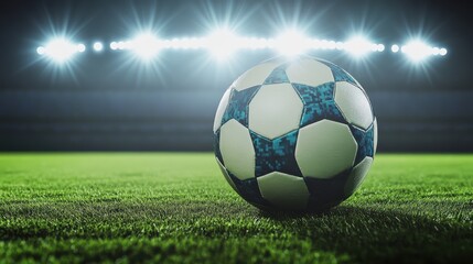 Fototapeta premium A close-up of a classic soccer ball on a vibrant green field illuminated by bright stadium lights.
