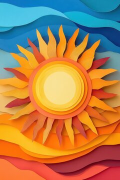 Vibrant sun and waves conceptual design celebrating summer solstice and world sun day. Vertical banner. Copy space. Yellow sun on a colorful background