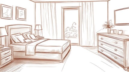 Serene Bedroom Sketch: Hand-Drawn Illustration of a Calming Interior Design. AI Generated