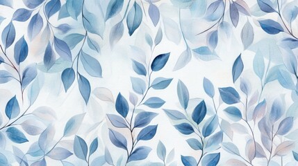 Delicate Watercolor Blue Leaves Pattern Wallpaper Design