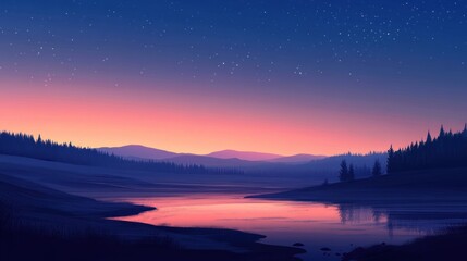 Fototapeta premium A serene twilight landscape with a calm river reflecting the colorful sky and distant mountains.