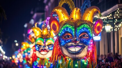 Illuminated Carnival Masks in a Night Parade