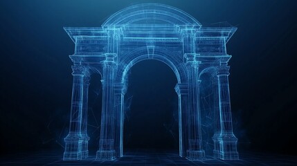 Naklejka premium Low poly wireframe ancient gate with traditional architectural elements, isolated on a dark blue background, representing cultural heritage and history.