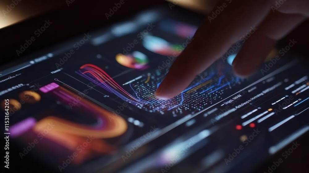 Aufkleber a close-up of a hand interacting with colorful data visualizations on a tablet screen.