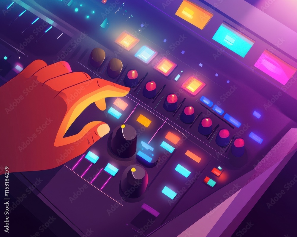 Poster a close-up of a hand adjusting colorful audio mixer controls, creating a vibrant atmosphere of music