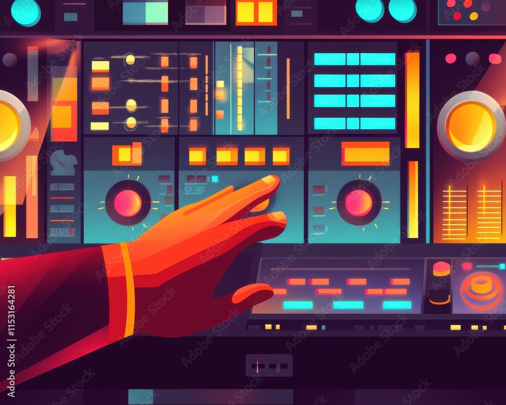 Poster a close-up of a hand interacting with a colorful digital control panel, showcasing vibrant lights an