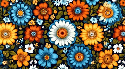 Vibrant floral seamless pattern with orange, blue, and white flowers on dark background.