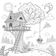 Whimsical Treehouse with Cozy Cottage and Playful Nature Elements in Black and White