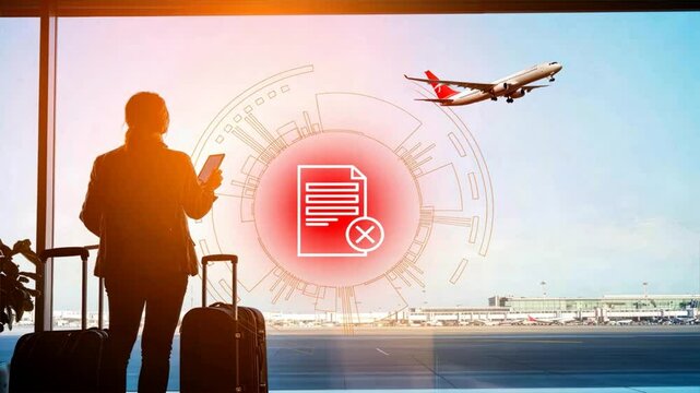 Person holding luggage in an airport waiting area with a phone and visa rejection notice looking out at planes taking off, Visa rejection, visa refusal, visa denied concept
