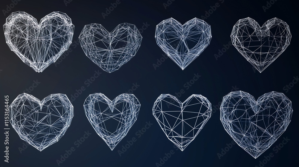 Poster low poly wireframe hearts with geometric patterns on a dark blue background, isolated design with am
