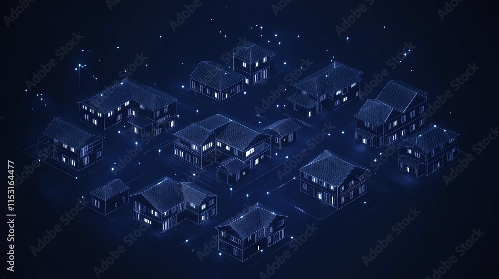 Poster low poly wireframe community center with interconnected structures, dark blue background, isolated c