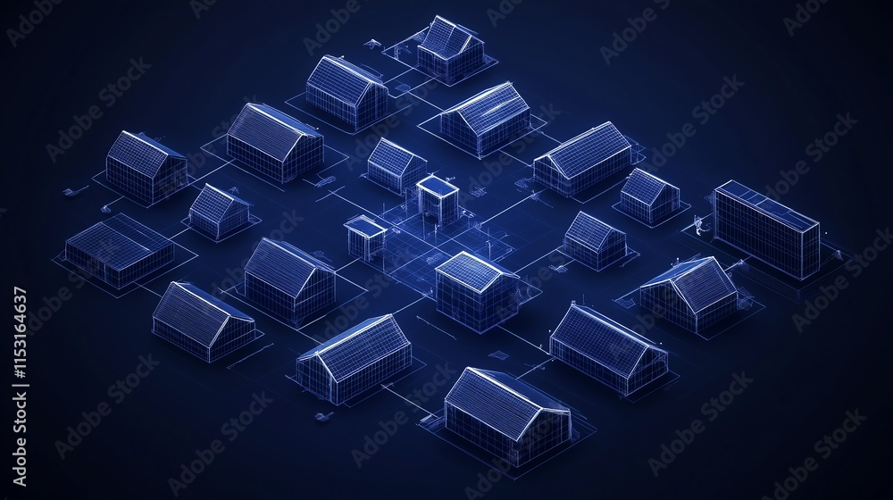 Poster low poly wireframe community center with interconnected structures, dark blue background, isolated c