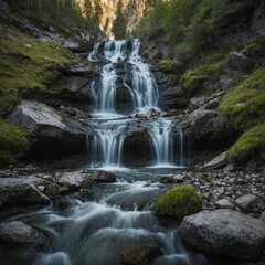Fototapeta premium A crystal-clear waterfall cascading down a mountain slope.