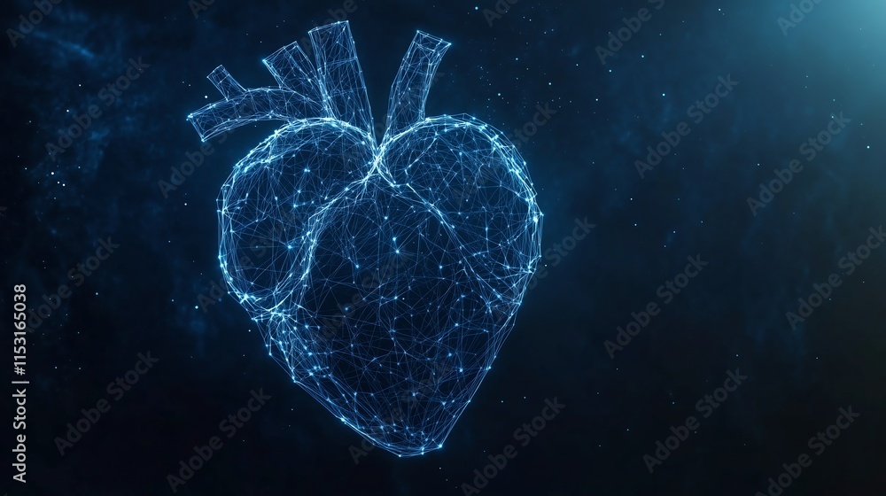 Poster low poly wireframe human heart with interconnected lines, isolated on a dark blue background with am