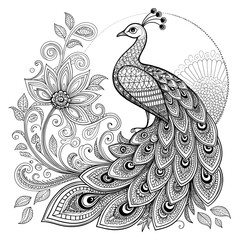 Fototapeta premium Intricate Peacock Illustration with Floral Design and Zentangle Patterns