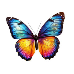 Colorful butterfly displaying vibrant blue and orange wings on a white background during springtime