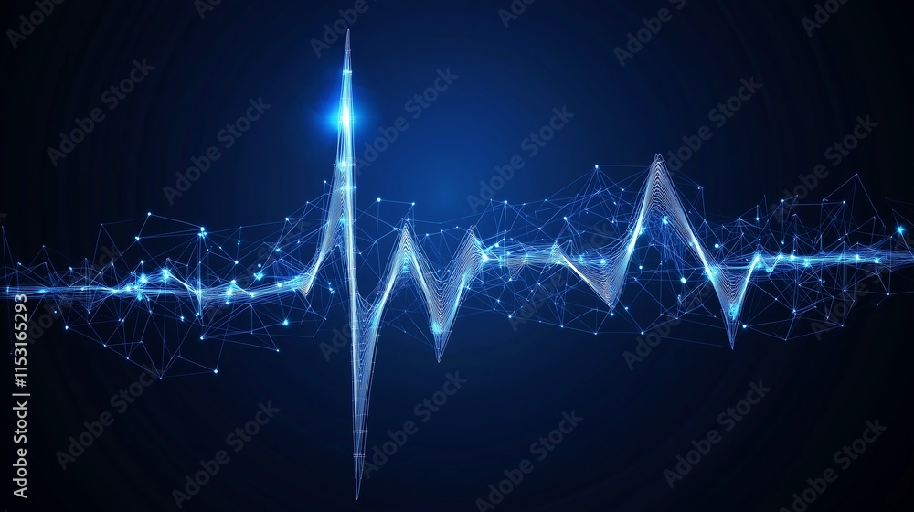 Poster low poly wireframe pulse wave with clean lines on a dark blue background, isolated design with ample