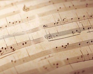 An intricate close-up of vintage sheet music, showcasing detailed notes and clefs on aged paper.