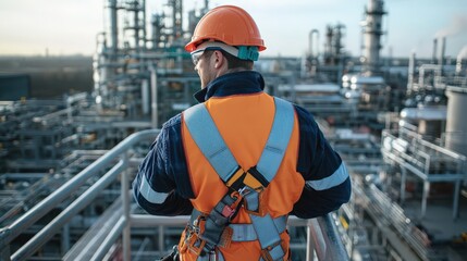 A construction worker checking a safety harness before climbing scaffolding at a large industrial site