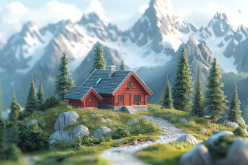 Fototapeta premium Isometric mountain landscape with cabins, trees, and hiking trails,