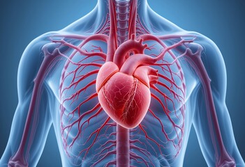 Detailed 3D illustration of the human heart and circulatory system with transparent skin.