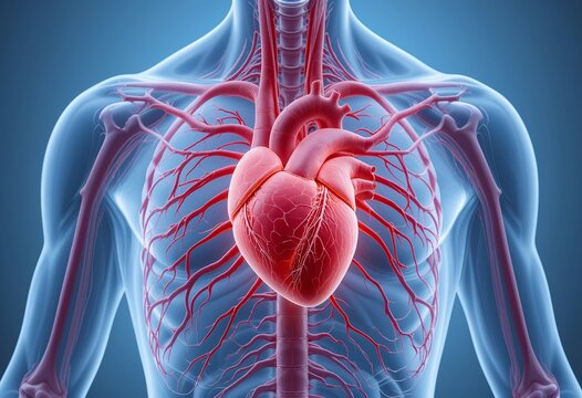 Detailed 3D illustration of the human heart and circulatory system with transparent skin.