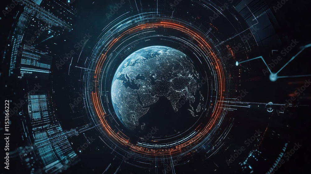 Poster earth surrounded by connection lines and circles in digital style