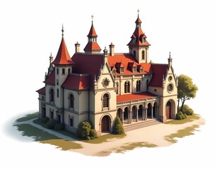 Fototapeta premium Illustration of mansion building architectural design, 1500s, mansion building model, sturdy, eagle eye shot, isolated on white background. Generate AI