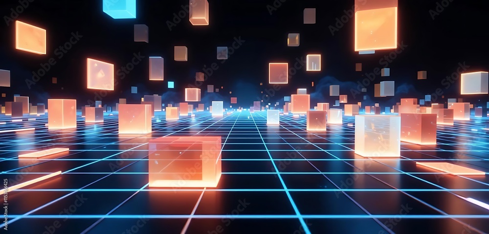 Poster glowing cubes float across a gridded digital plane